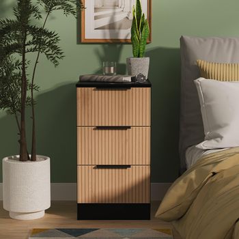 Java Fluted Effect Natural and Black 3 Drawer Bedside Cabinet