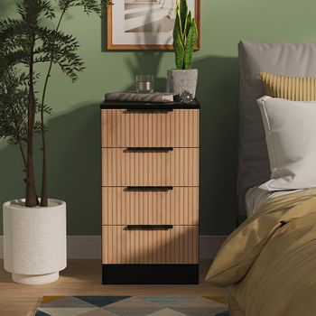 Java Fluted Effect Natural and Black 4 Drawer Bedside Cabinet