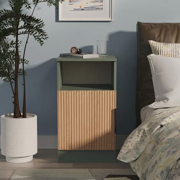Java Fluted Effect Natural and Reed Green 1 Door Bedside Cabinet