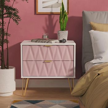 Diamond Midi Pink and White 2 Drawer Bedside Cabinet with Gold Hairpin Legs