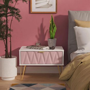 Diamond Midi Pink and White 1 Drawer Bedside Table with Gold Hairpin Legs
