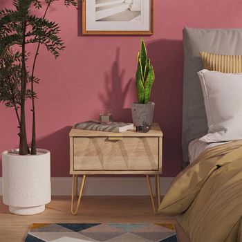 Diamond Oak 1 Drawer Bedside Table with Gold Hairpin Legs