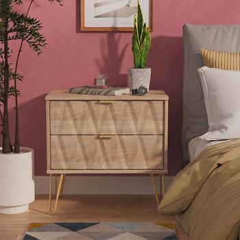 Diamond Midi Oak 2 Drawer Bedside Cabinet with Gold Hairpin Legs