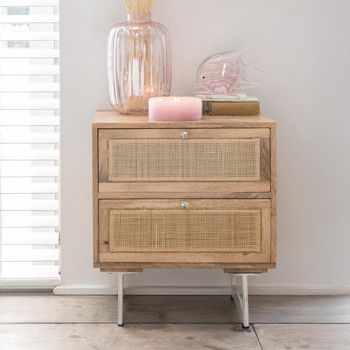 Natural Rattan Mango Wood 2 Drawer Bedside Cabinet