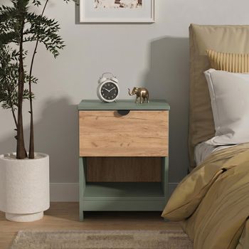 Bora Gold Craft Oak and Reed Green 1 Drawer Open Shelf Bedside Cabinet
