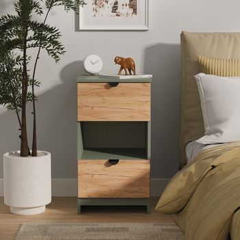 Bora Gold Craft Oak and Reed Green 2 Drawer Open Shelf Bedside Cabinet