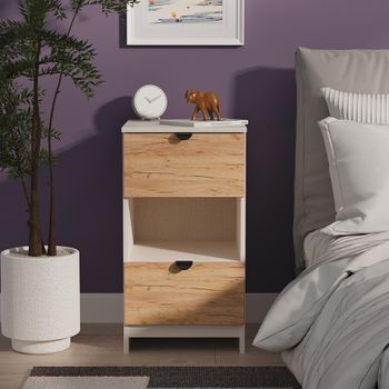 Bora Gold Craft Oak and Kashmir Matt 2 Drawer Open Shelf Bedside Cabinet