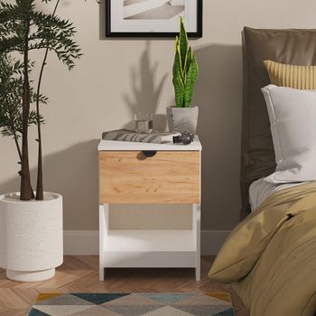 Bora Gold Craft Oak and White Matt 1 Drawer Open Shelf Bedside Cabinet
