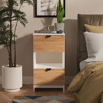 Bora Gold Craft Oak and White Matt 2 Drawer Open Shelf Bedside Cabinet