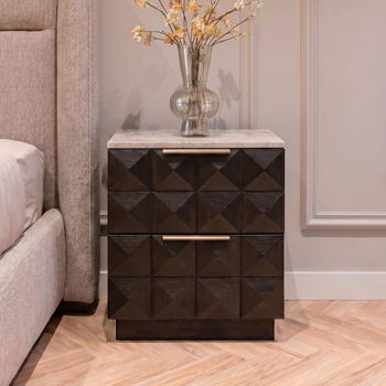 Claremont Dark Wood 2 Drawer Geometric Bedside Cabinet with Travertine Top