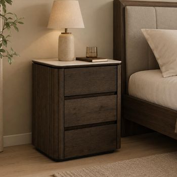 Ritz Fluted Nightstand 3 Drawer Brown Ceramic and Recycled Wood Bedside Table