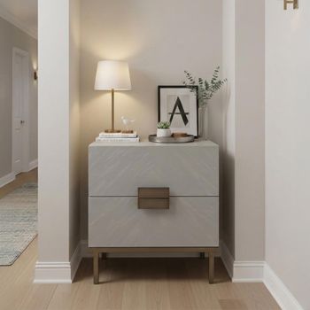 Lilly Soft Grey and Bronze Wood and Metal 2 Drawer Chevron Bedside Table