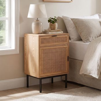 Natural and Black Rattan and Metal 1 Door 1 Drawer Bedside Table