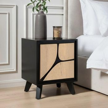 Boho Natural and Black Mango Wood 1 Door Geometric Design Bedside Table