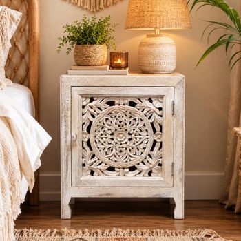 White Washed Carved Mango Wood 1 Door Small Bedside Cabinet