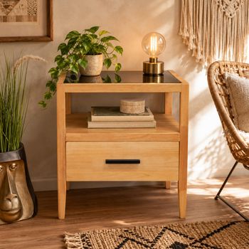 Wood and Black Glass 1 Drawer Bedside Cabinet