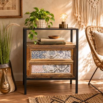 Fir Wood and Metal 2 Drawer Bedside Cabinet
