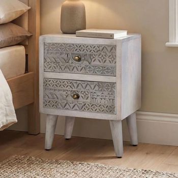 Altesa Distressed Grey Carved Mango Wood 2 Drawer Bedside Cabinet
