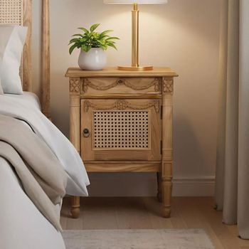Bellecour Rattan and Natural Teak Wood 1 Door 1 Drawer Bedside Table