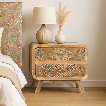 Mosaic Natural Handcrafted Mango Wood 2 Drawer Bedside Table