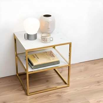 Alisma White Marble and Gold Metal Bedside Table