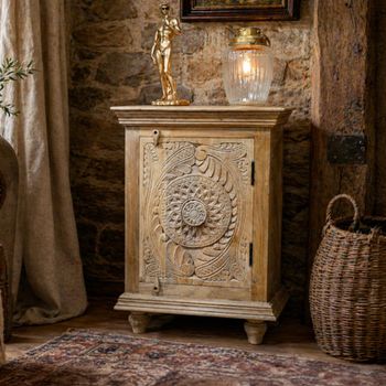 Carved Mango Wood 1 Door Narrow Bedside Cabinet