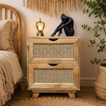 Mango Wood and Rattan 2 Drawer Bedside Cabinet