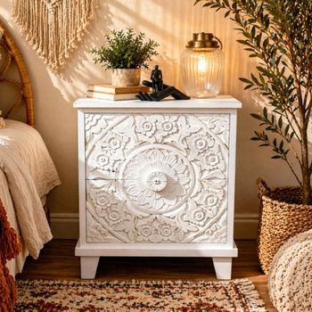 Off White Carved Mango Wood 2 Drawer Bedside Cabinet