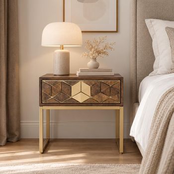 Caltan Walnut Mango Wood and Gold 1 Drawer Geometric Bedside Table