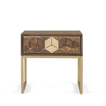 Caltan Walnut Mango Wood and Gold 1 Drawer Geometric Bedside Table