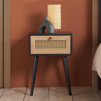 Croxley Black and Rattan 1 Drawer Bedside Table