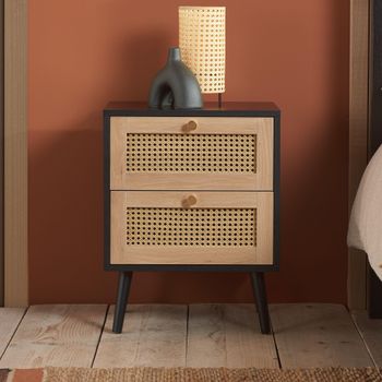 Croxley Black and Rattan 2 Drawer Bedside Cabinet