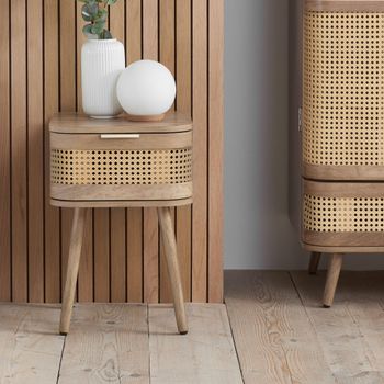 Noah Oak and Rattan 1 Drawer Curved Bedside Table