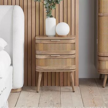 Noah Oak and Rattan 2 Drawer Curved Bedside Table