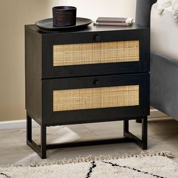 Padstow Black and Rattan 2 Drawer Bedside Cabinet