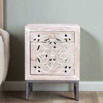 Quintana Mango Wood 1 Door Washed Carved Bedside Cabinet