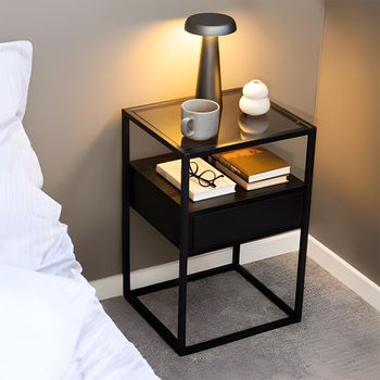 Randolf Smoked Glass and Black 1 Drawer Bedside Table