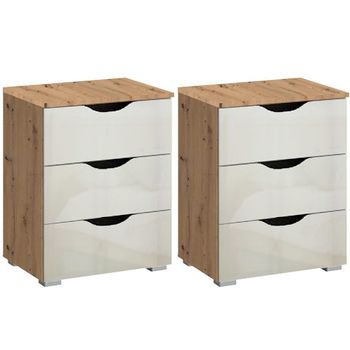 Set of 2 Arnstein Artisan Oak and White High Gloss 3 Drawer Bedside Cabinet