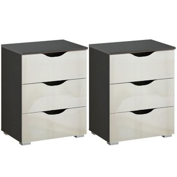 Set of 2 Arnstein Metallic Dark Grey and White High Gloss 3 Drawer Bedside Cabinet