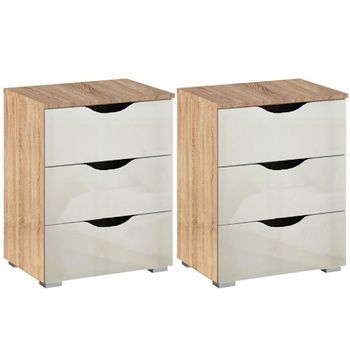 Set of 2 Arnstein Sonoma Oak and White High Gloss 3 Drawer Bedside Cabinet