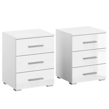 Set of 2 Base Alpine White and White High Gloss 3 Drawer Bedside Cabinet