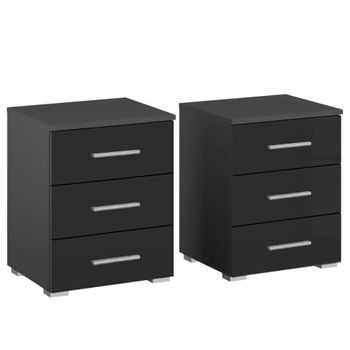 Set of 2 Base Metallic Dark Grey and Grey High Gloss 3 Drawer Bedside Cabinet