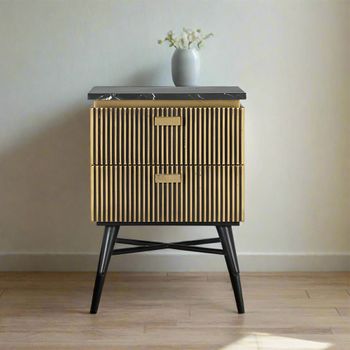 Stephen Black Marble Top Ribbed Brass 2 Drawer Bedside Cabinet
