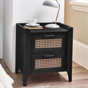 Sydney Black and Faux Rattan 2 Drawer Bedside Cabinet