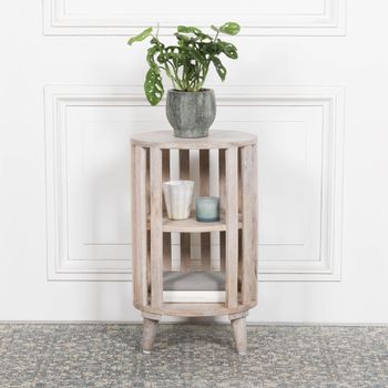 Slatted Washed Mango Wood Round Bedside Table