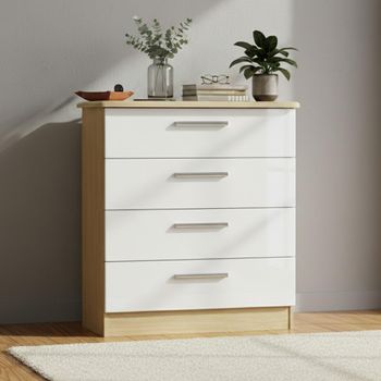 Knightsbridge White Gloss and Light Oak 4 Drawer Chest