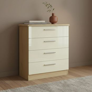 Knightsbridge Cream Gloss and Light Oak 4 Drawer Chest