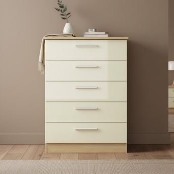 Knightsbridge Cream Gloss and Light Oak 5 Drawer Chest