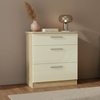 Knightsbridge Cream Gloss and Light Oak 3 Drawer Deep Chest