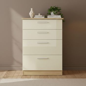 Knightsbridge Cream Gloss and Light Oak 4 Drawer Deep Chest